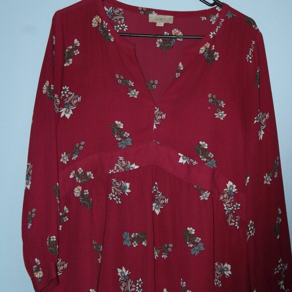 LOFT Outlet Small Women's V-Neck Button Sleeve Maroon Floral Top - Picture 3 of 16